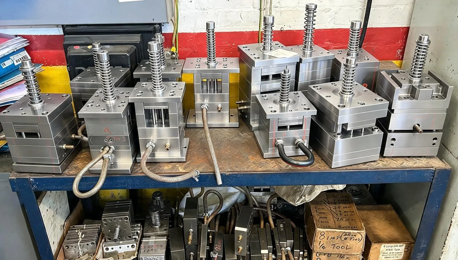 Mould tools on a shelf in the Malvern Plastics workshop